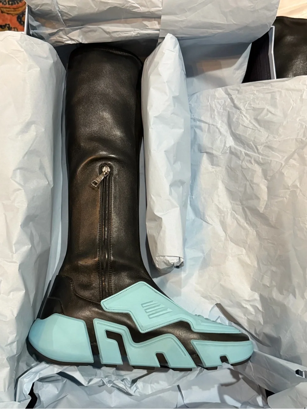 Prada Runway Techno Stretch Boots with Light Blue Platform Soles size 40